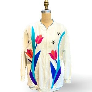 VINTAGE 80s bumblebee tulip flower lightweight zip front jacket coat‎ floral bee
